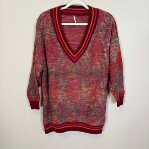 Free People Silverstone Argyle Pink & Orange V Neck Pullover Sweater Size XS